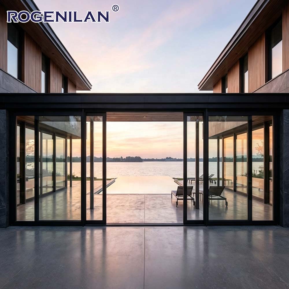 Rogenilan Custom Size Windproof Double Glass Panoramic Sliding Door Outdoor Aluminum Low-E Glazed Slide Patio Door