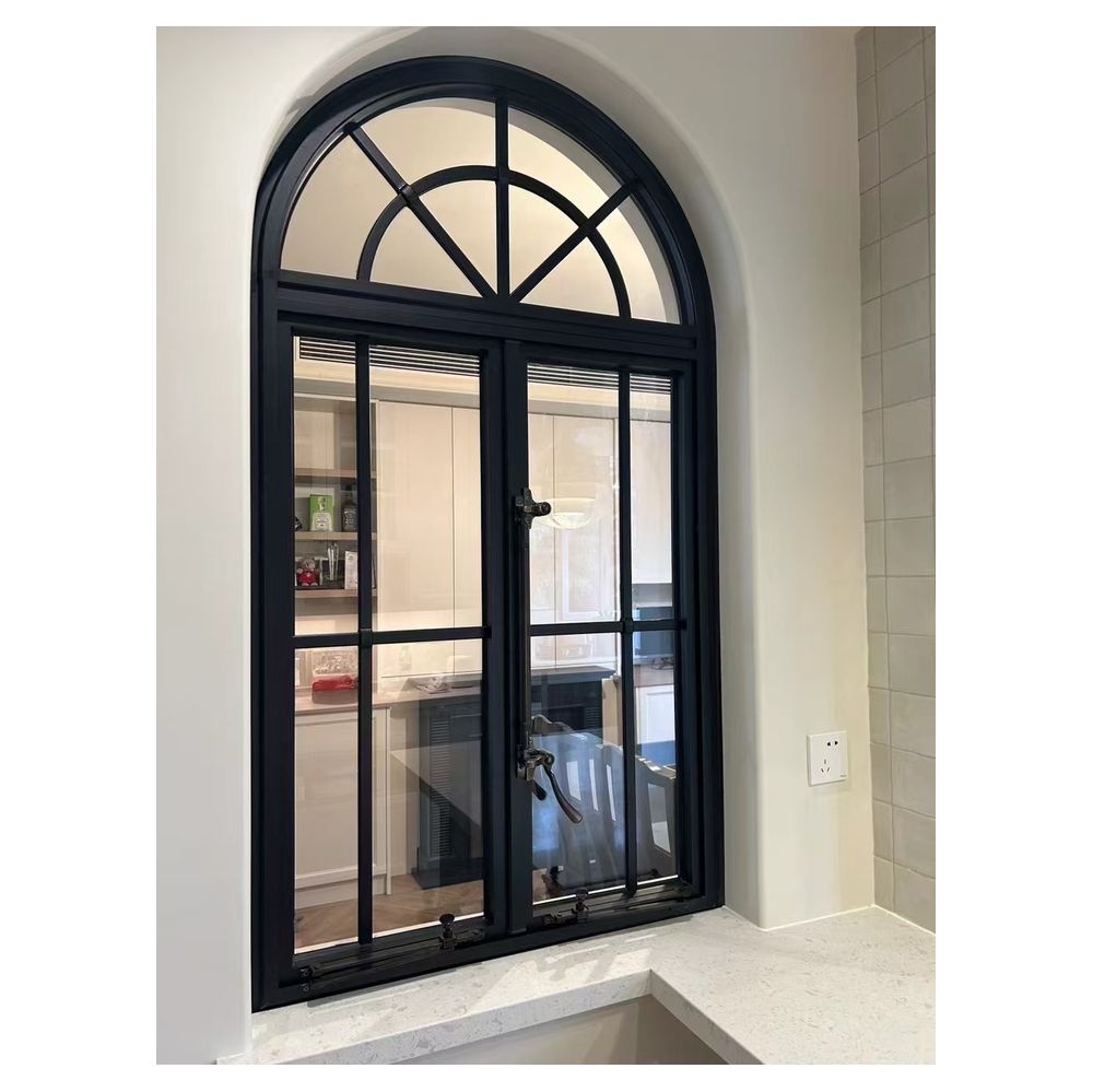 Aluminum French Style Crittall Windows, Black Frame Tempered Glass Arched Grid Casement Windows for Villa House