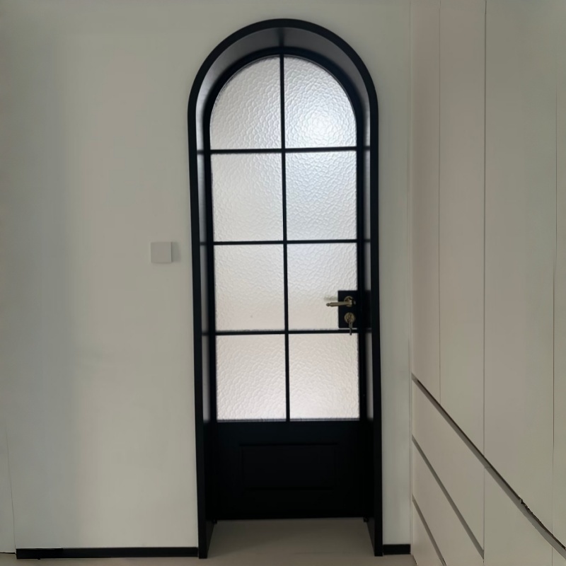 Custom Modern Black Arched Frame Corrugated Frosted Glass Door Fiberglass Waterproof White Aluminum Frame for Bathroom Bedroom
