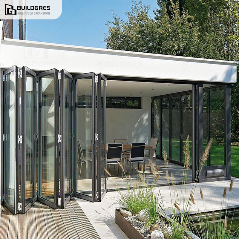 Custom Heavy Duty Aluminum Concertina Bi-Fold Door Storm Proof EPDM Sealing Stackable Folding Glass Door Buildgres 5-Year