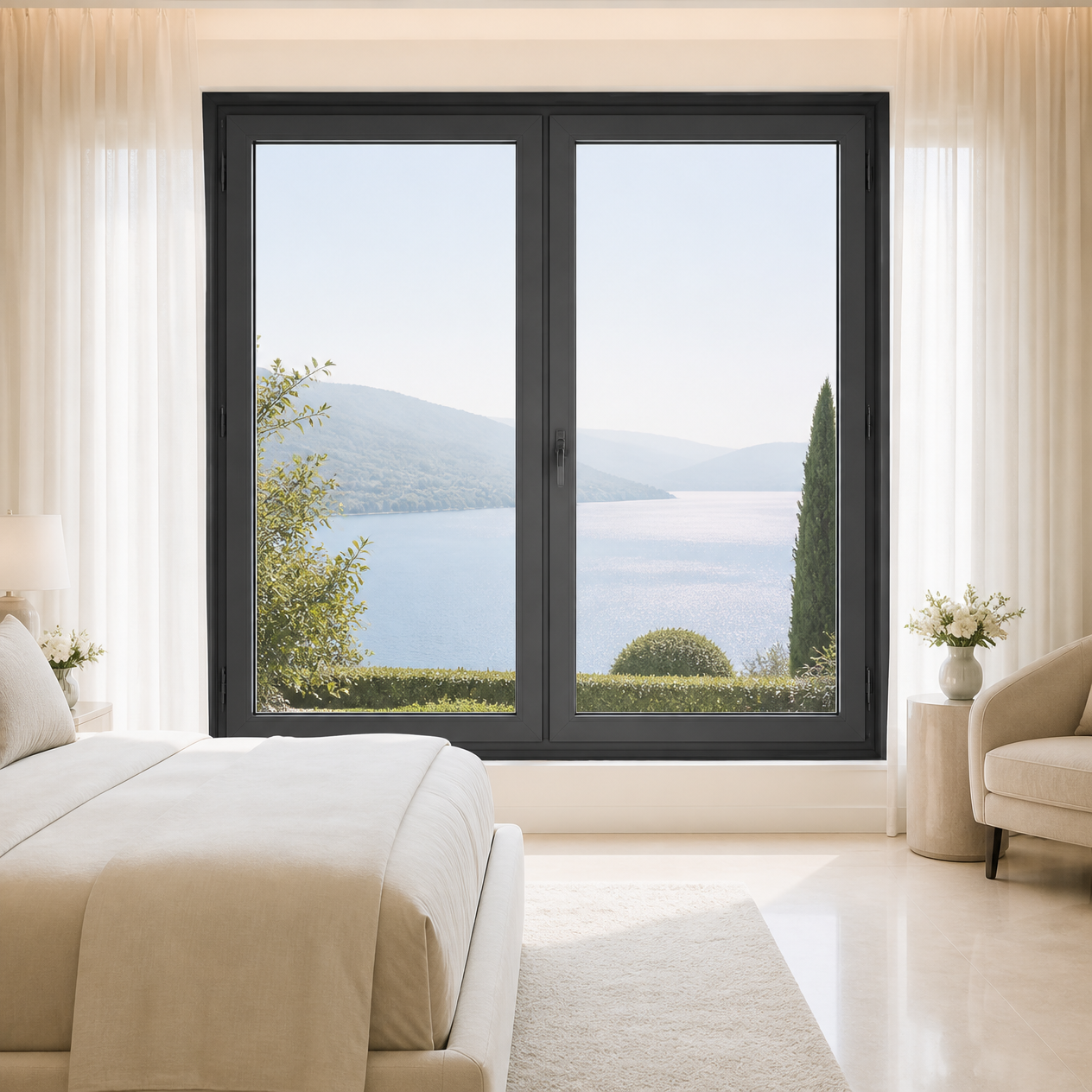European Dark Grey Aluminium System Shed Windows Triple Glazed With Grill For House And Replacement