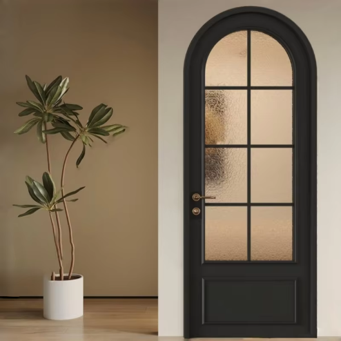 Custom Modern Black Arched Frame Corrugated Frosted Glass Door Fiberglass Waterproof White Aluminum Frame for Bathroom Bedroom