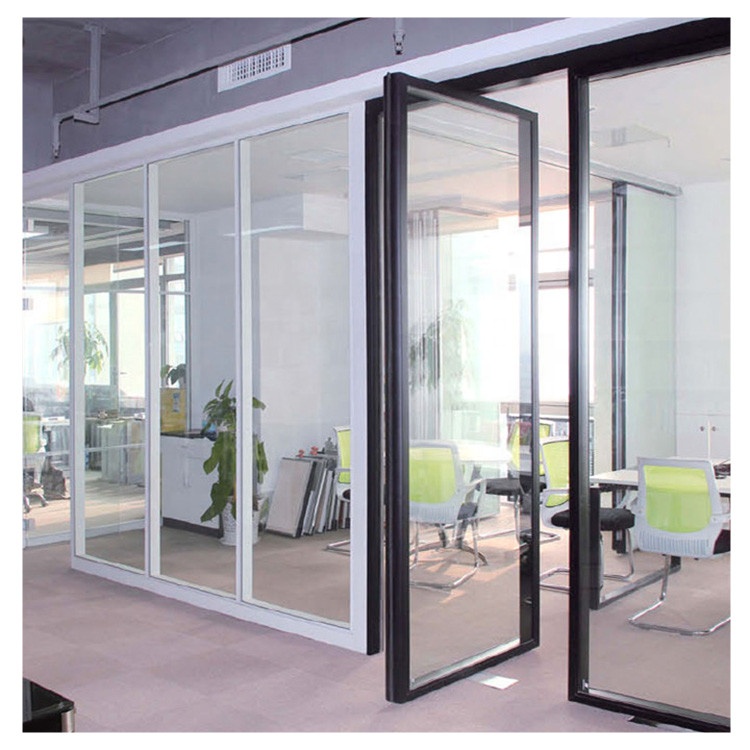 Frosted Glass Office Partitions Meeting Room Space-Saving Office Divider Aluminium Frame Glass Partition Wall With Sliding Door