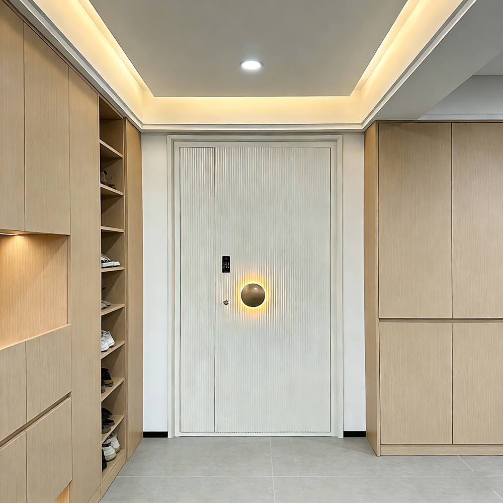 Bespoke Minimalist Aluminum Alloy Contemporary Exterior Anti-Theft Entry Doors Luxury Fluted White Villa Main Gate Side Opening