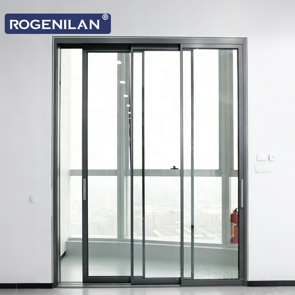 Rogenilan Modern Ultra Slim Three Track Aluminum Sliding Door Energy Saving Low-E Glazed Sliding Door For Homes