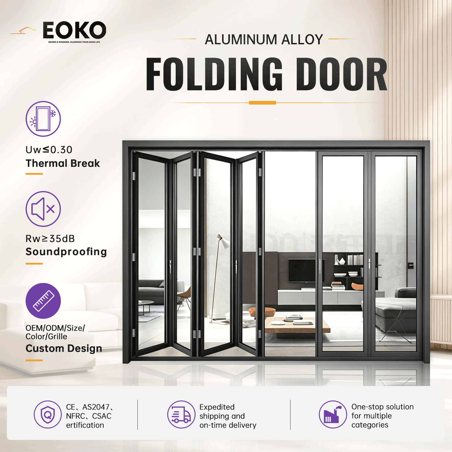 EOKO Waterproof Aluminum Glass Bifold Door Energy Efficient Aluminium Bifold Doors Tempered Glass Sliding Folding Accordion Door
