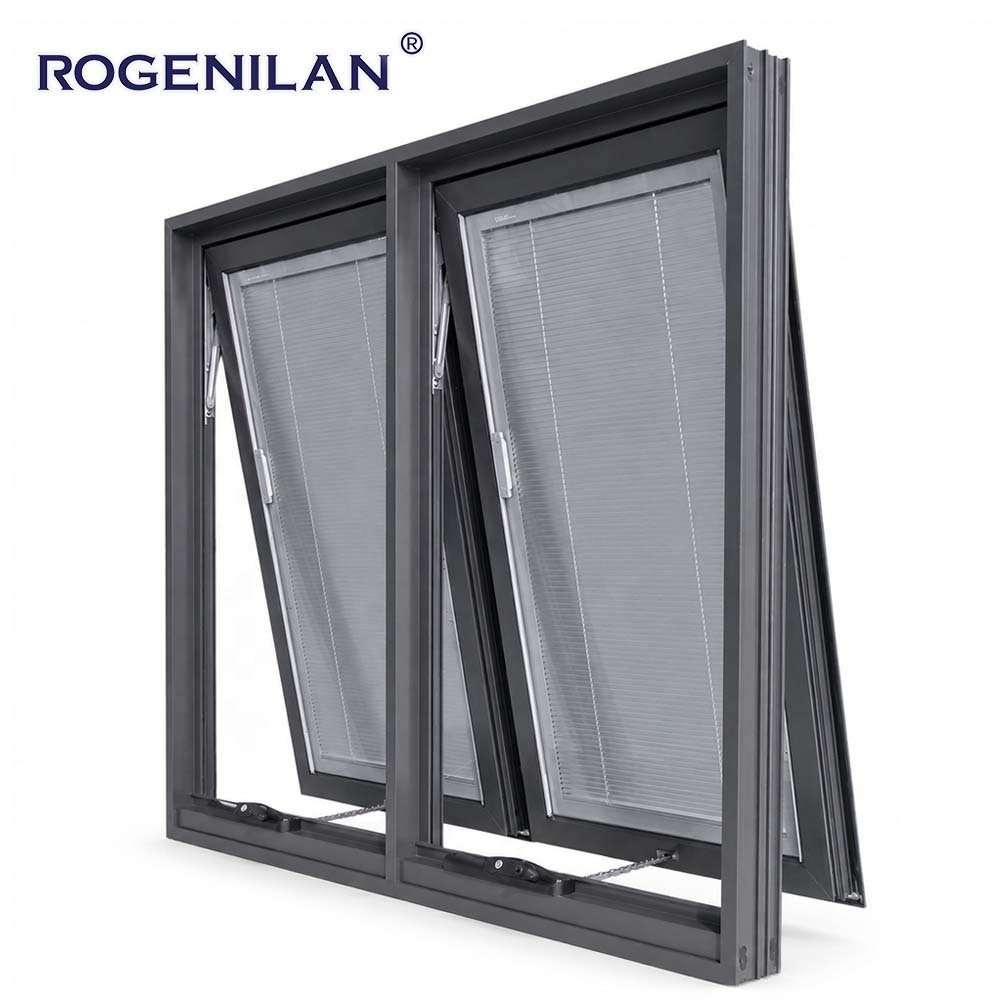 Rogenilan Outdoor Storm Soundproof Double Low-E Glass Awning Window Exterior Aluminum Custom windows with Blinds
