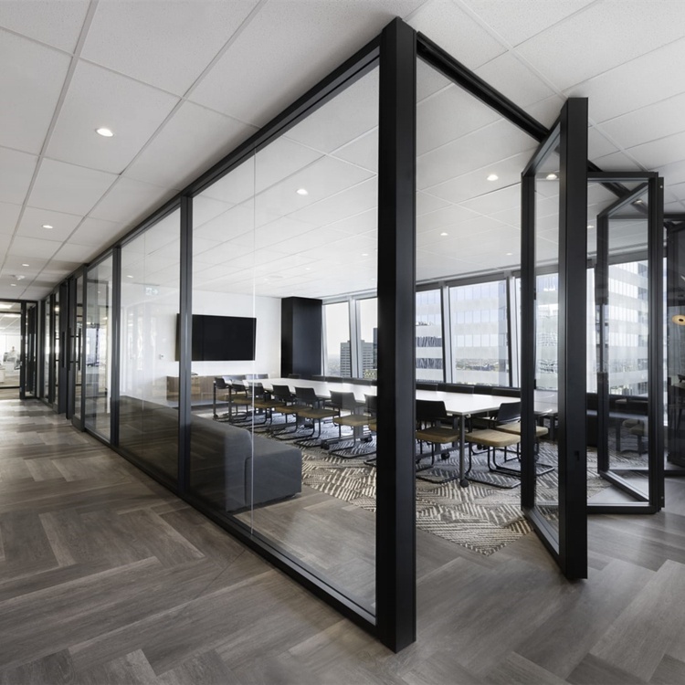 Frosted Glass Office Partitions Meeting Room Space-Saving Office Divider Aluminium Frame Glass Partition Wall With Sliding Door