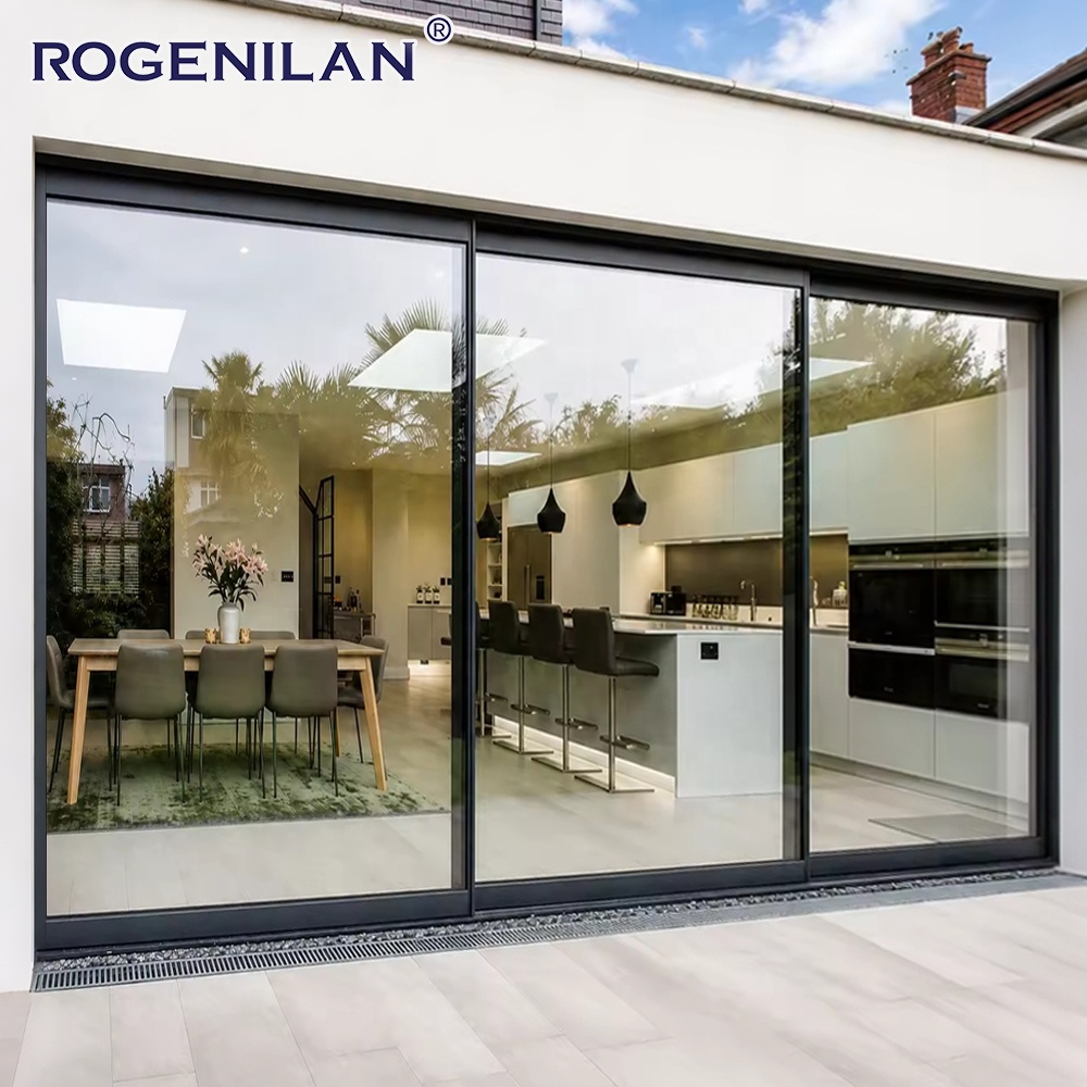 Rogenilan Custom Size Windproof Double Glass Panoramic Sliding Door Outdoor Aluminum Low-E Glazed Slide Patio Door
