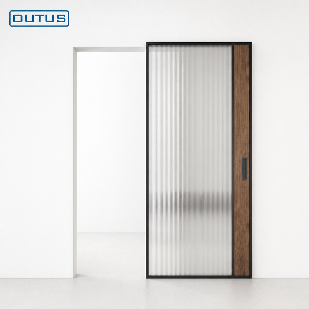 OUTUS Concealed Sliding Door Aluminum Frame Fluted Glass Interior Door for Living Room and Bedroom
