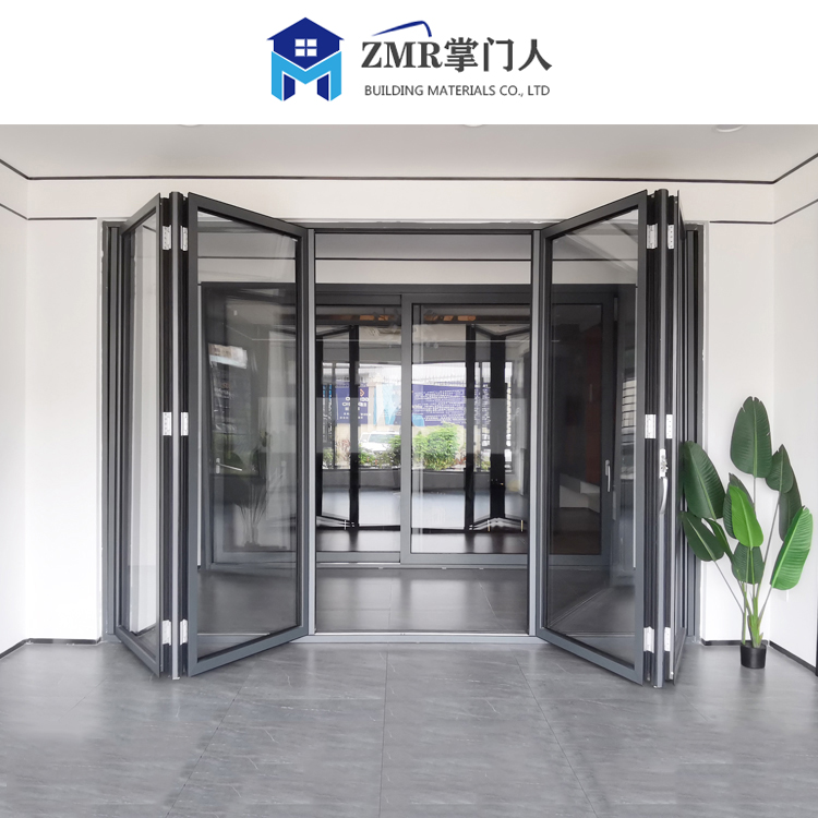 Aluminium Alloy Folding Glass Door for Villas Waterproof Bifolding Patio Doors with Foldable Fiberglass Screen Netting