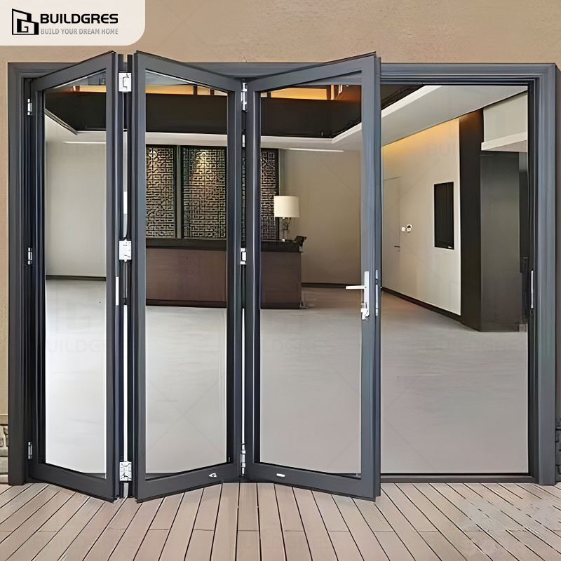 Custom Heavy Duty Aluminum Concertina Bi-Fold Door Storm Proof EPDM Sealing Stackable Folding Glass Door Buildgres 5-Year