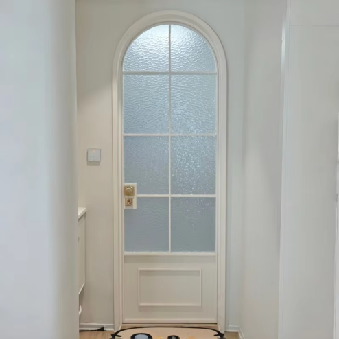 Custom Modern Black Arched Frame Corrugated Frosted Glass Door Fiberglass Waterproof White Aluminum Frame for Bathroom Bedroom