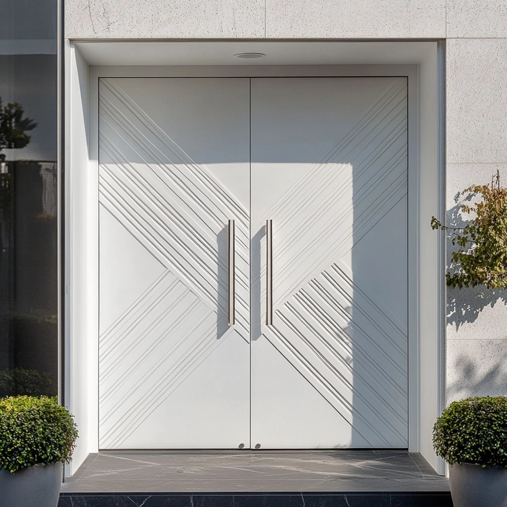 Bespoke Minimalist Aluminum Alloy Contemporary Exterior Anti-Theft Entry Doors Luxury Fluted White Villa Main Gate Side Opening