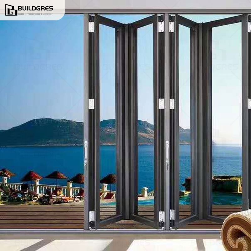 Custom Heavy Duty Aluminum Concertina Bi-Fold Door Storm Proof EPDM Sealing Stackable Folding Glass Door Buildgres 5-Year