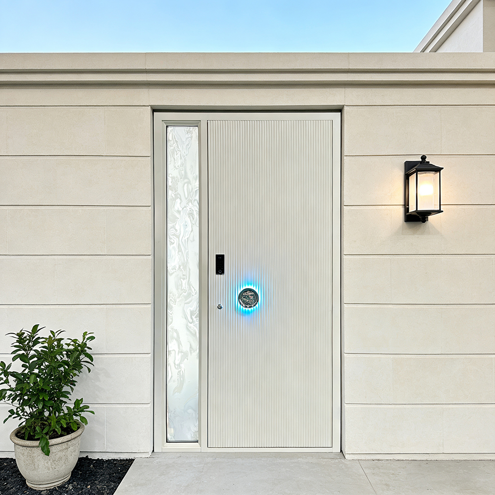 Bespoke Minimalist Aluminum Alloy Contemporary Exterior Anti-Theft Entry Doors Luxury Fluted White Villa Main Gate Side Opening