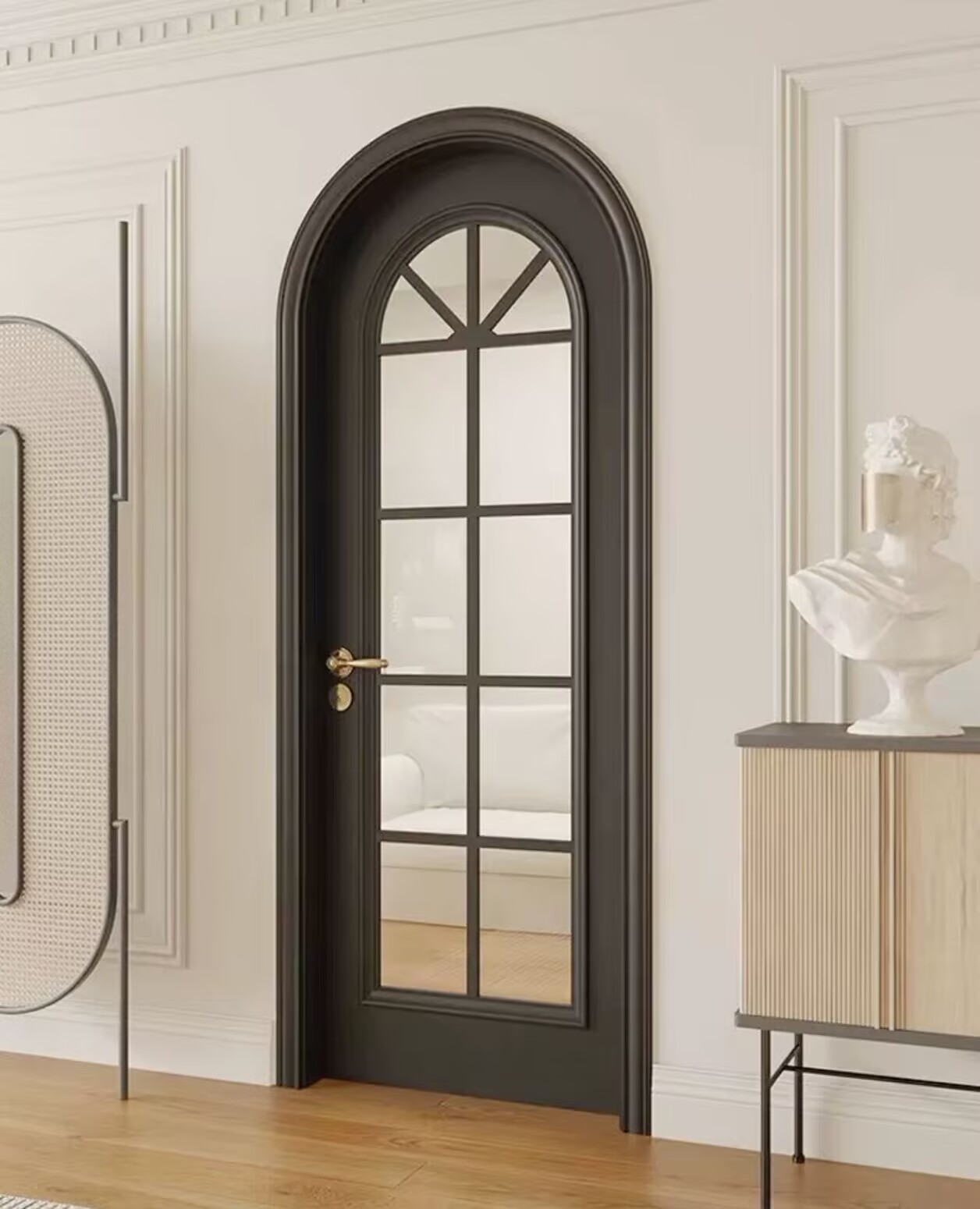 Custom Arched Aluminum Glass Swing Door, Minimalist Black Frame Arch Top Interior &amp; Exterior Entry Door for Villa