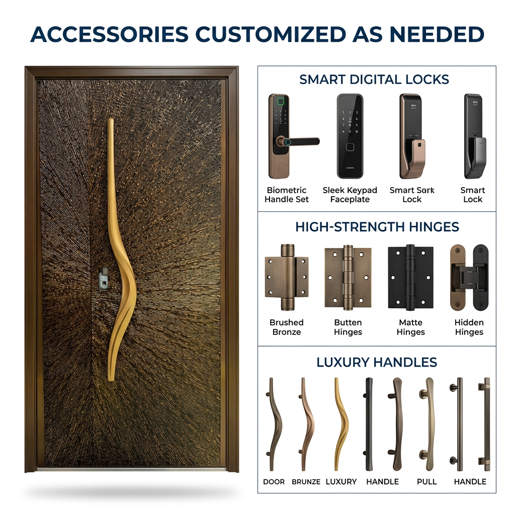 High-End Art Relief Aluminum Anti-Theft Security Door with Wavy Carved Handle, Luxury Villa Front Entry Door