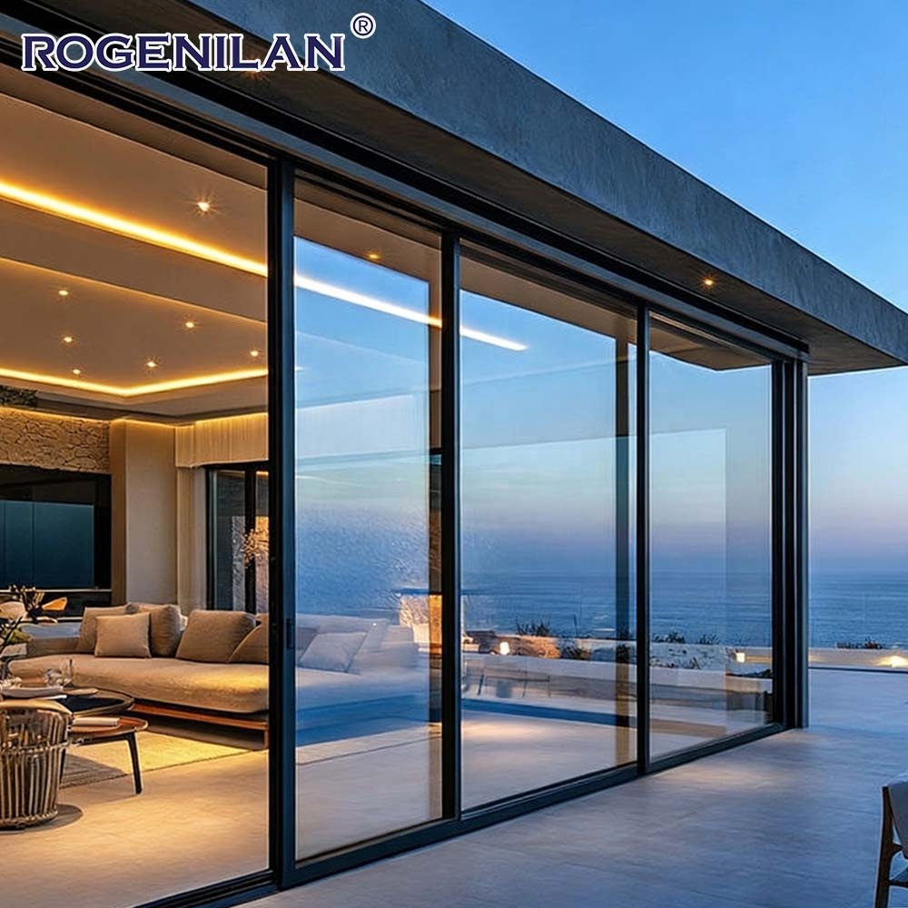 Rogenilan Custom Size Windproof Double Glass Panoramic Sliding Door Outdoor Aluminum Low-E Glazed Slide Patio Door
