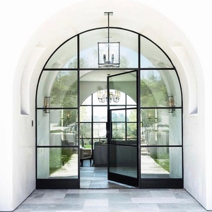 Insulated Arched Antique Heritage Black Aluminium French Front Doors with Grid Strip Glass for Outdoor Entry