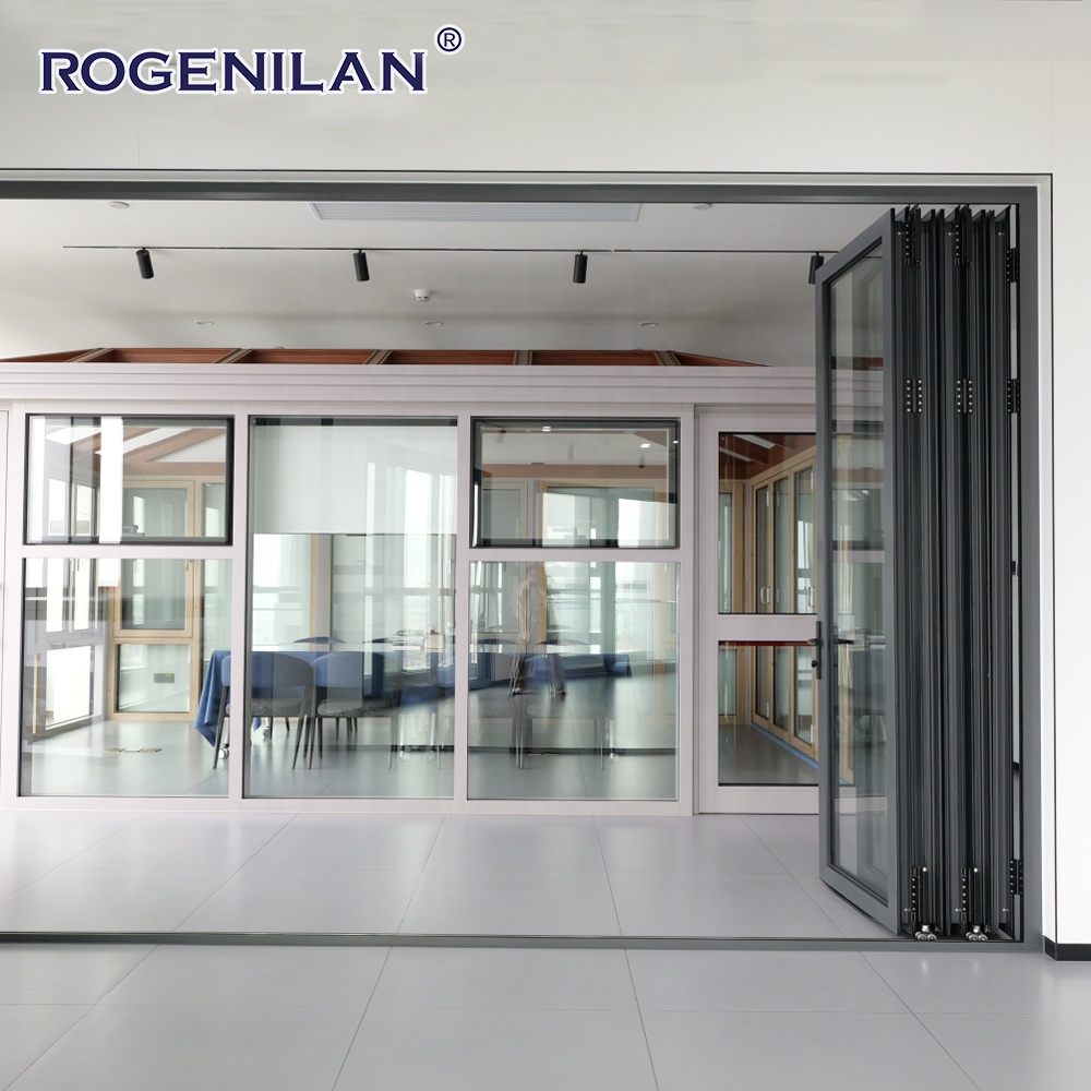 Rogenilan Balcony Windproof Tempered Glass Foldable Folding Door Aluminum Double Glass Accordion Fold Patio Door
