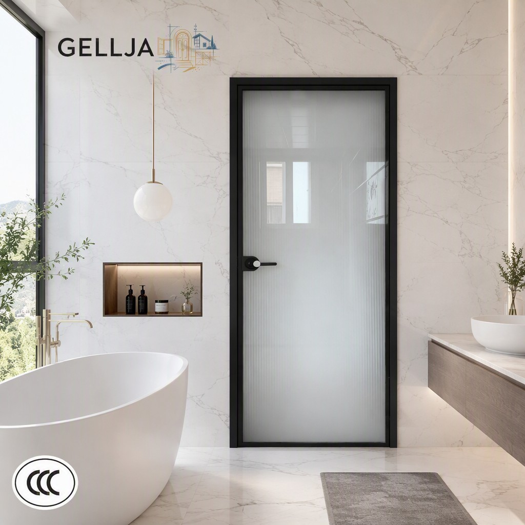 GELLJA New Type of Aluminum-framed Frosted Glass Interior Finished Bathroom Doors for Hotels Villas Offices and Households