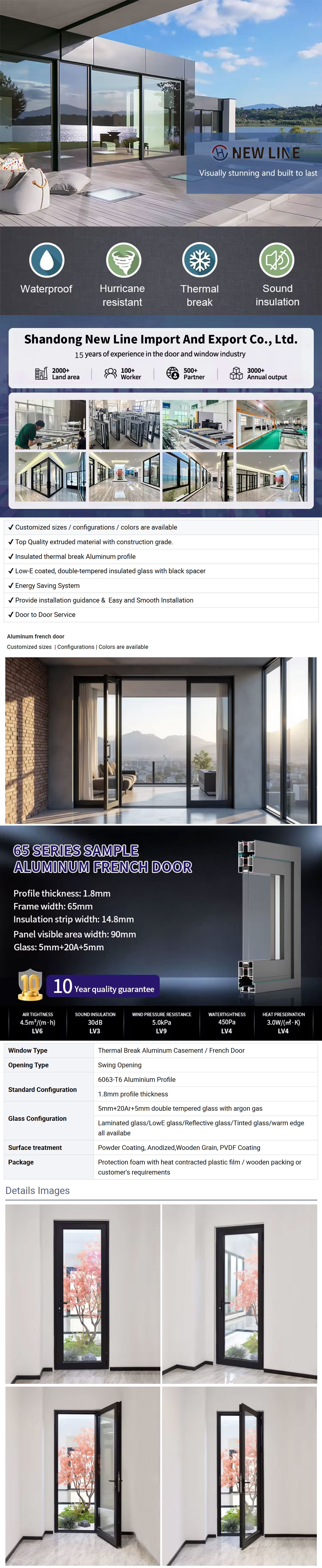 Modern Aluminum Alloy Frosted Glass Interior Waterproof Thermal Insulated Swing Door for Toilet Bathroom