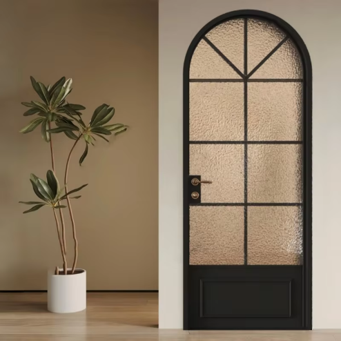 Custom Modern Black Arched Frame Corrugated Frosted Glass Door Fiberglass Waterproof White Aluminum Frame for Bathroom Bedroom