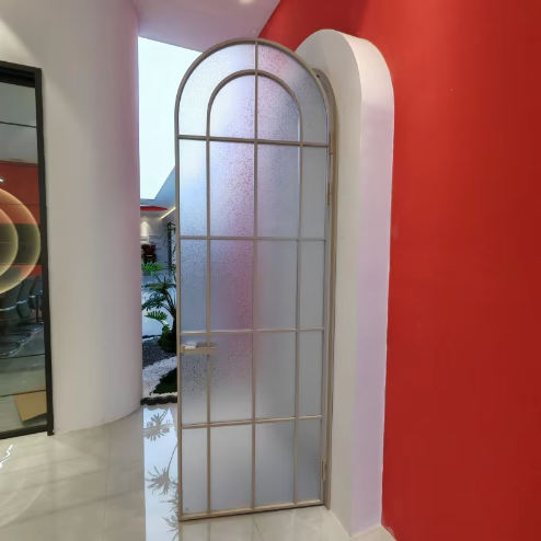 Custom Modern Black Arched Frame Corrugated Frosted Glass Door Fiberglass Waterproof White Aluminum Frame for Bathroom Bedroom