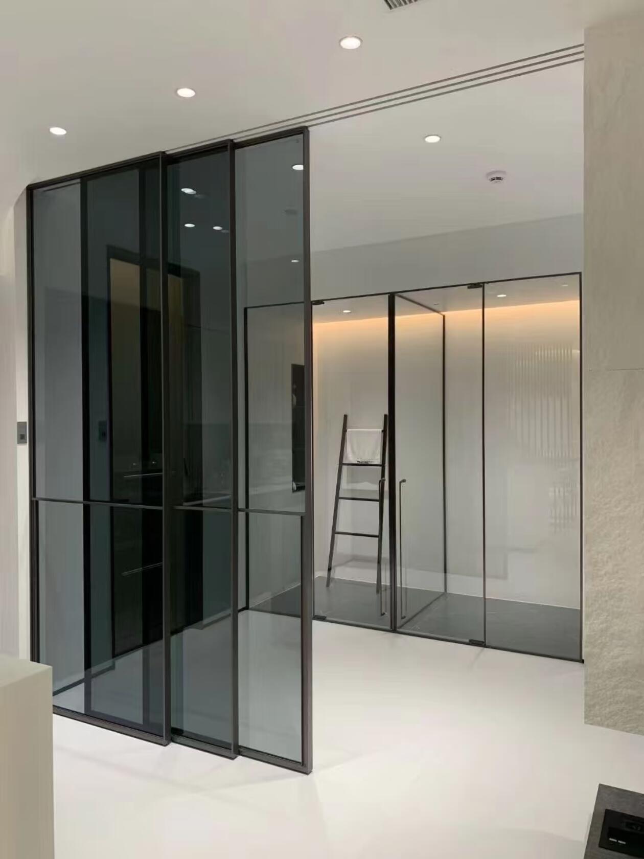 Modern Minimalist Overhead Glass Sliding Door Interior Trackless Partition For Bedroom Kitchen Bathroom Hotel Villa Water