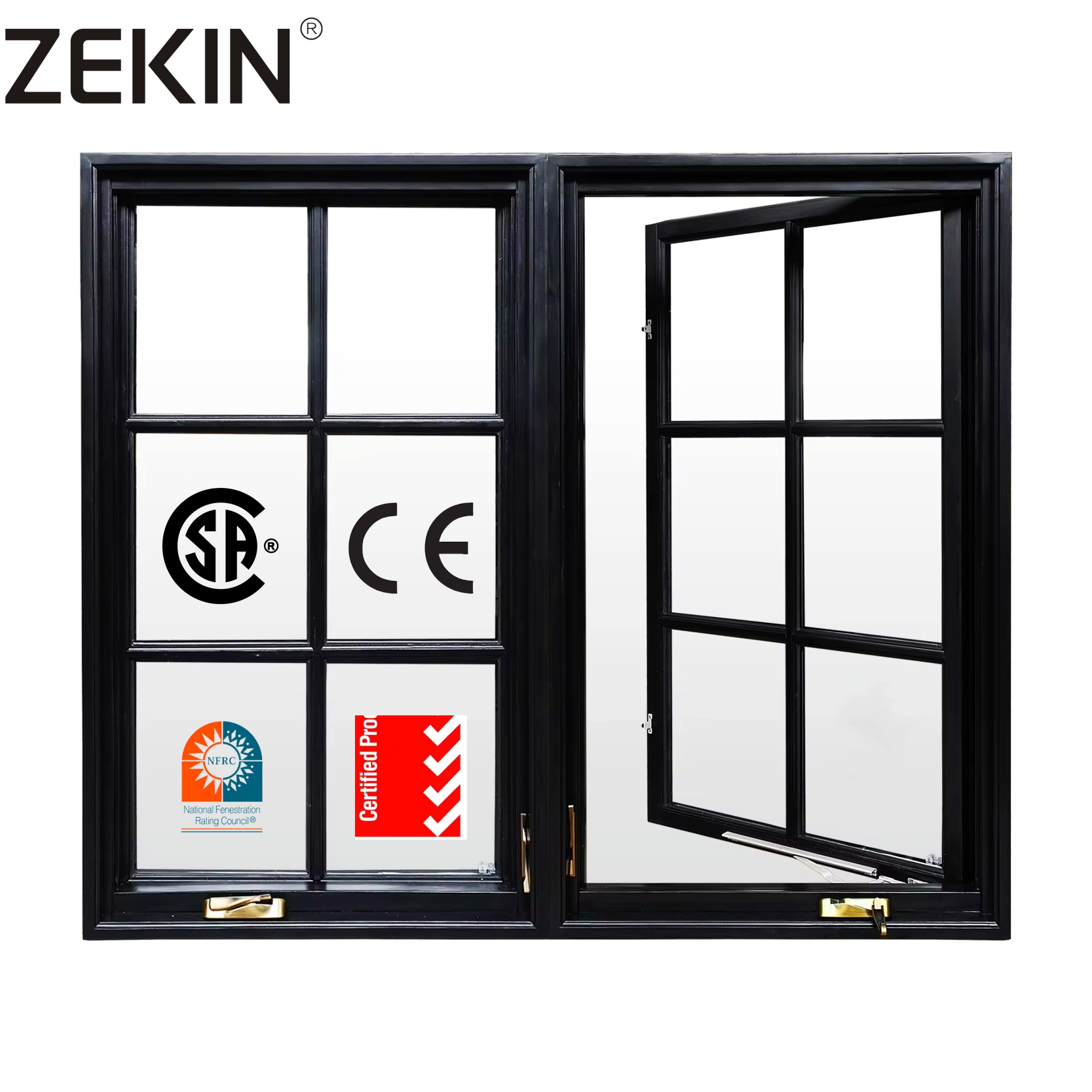 ZEKIN Modern Design Security Enhanced Casement Aluminum Windows Swing Open Style Burglar Proof Tempered For Residential Projects