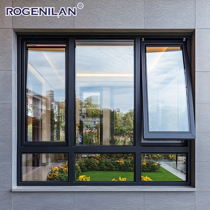 Rogenilan Outdoor Storm Soundproof Double Low-E Glass Awning Window Exterior Aluminum Custom windows with Blinds