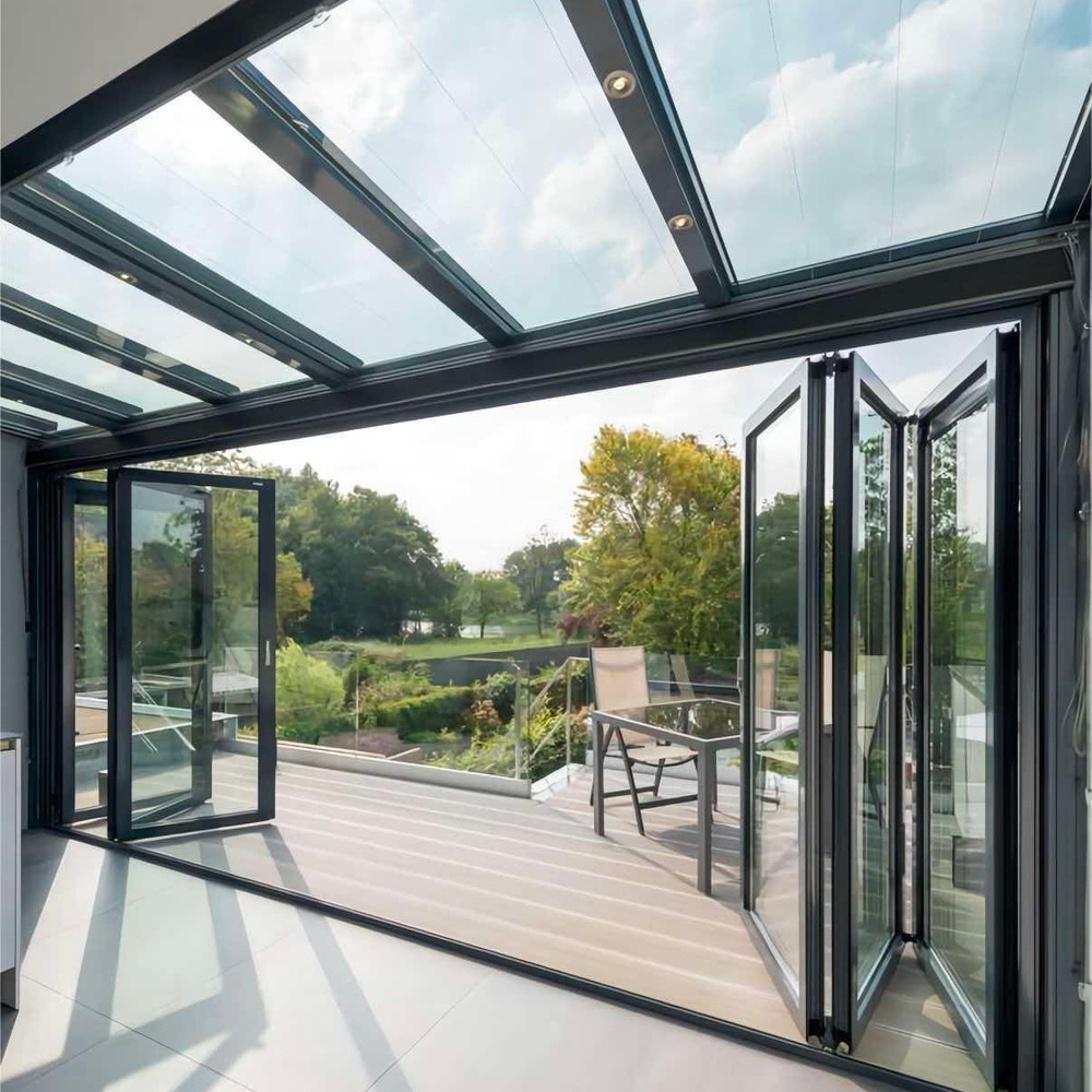 Bifold Patio Doors Luxury Retractable Wide For Garden Triple Glazed White Aluminum Frame For Living Room