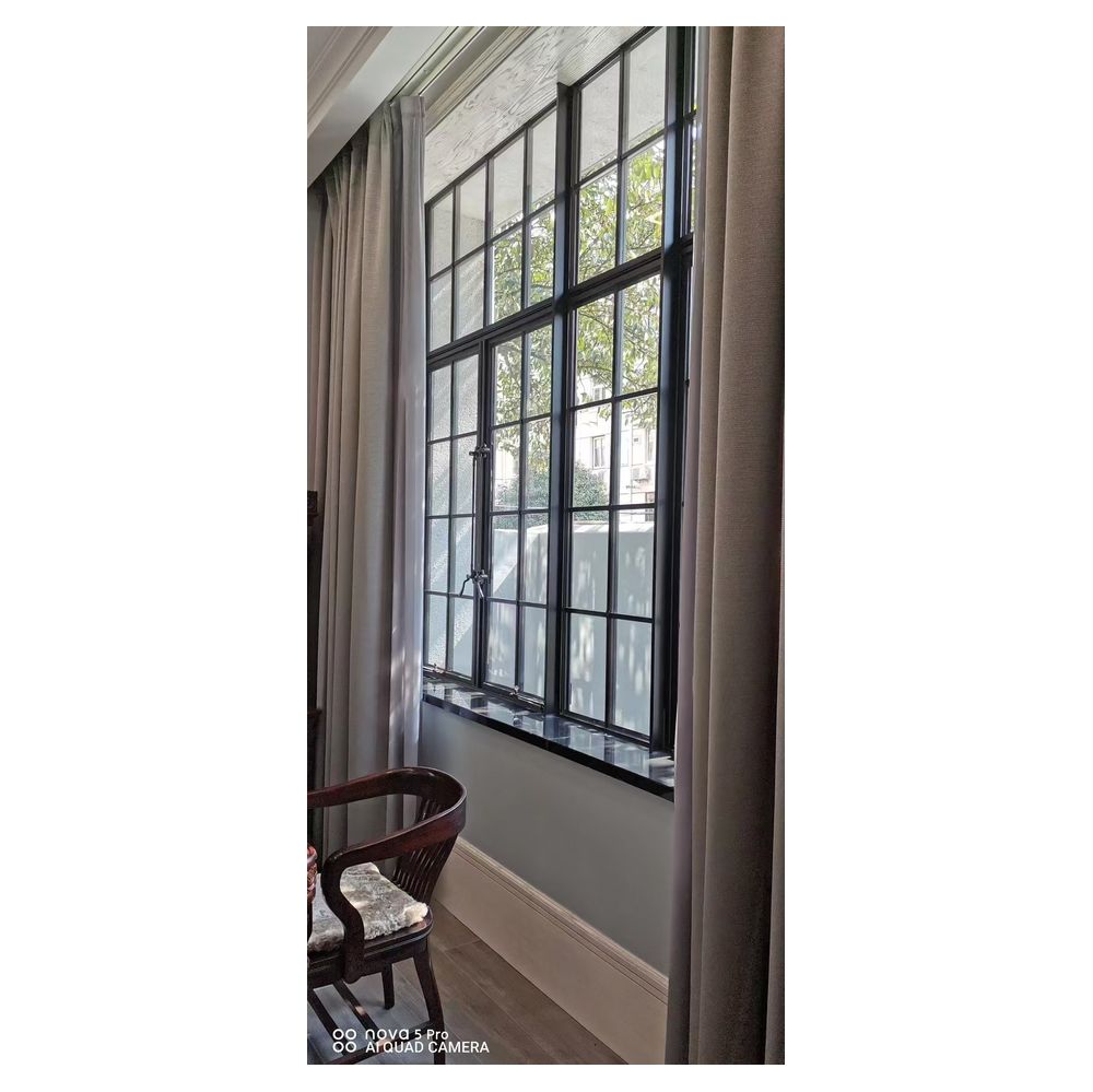 Aluminum French Style Crittall Windows, Black Frame Tempered Glass Arched Grid Casement Windows for Villa House