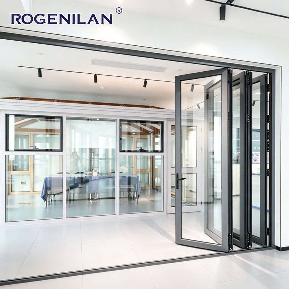 Rogenilan Balcony Windproof Tempered Glass Foldable Folding Door Aluminum Double Glass Accordion Fold Patio Door