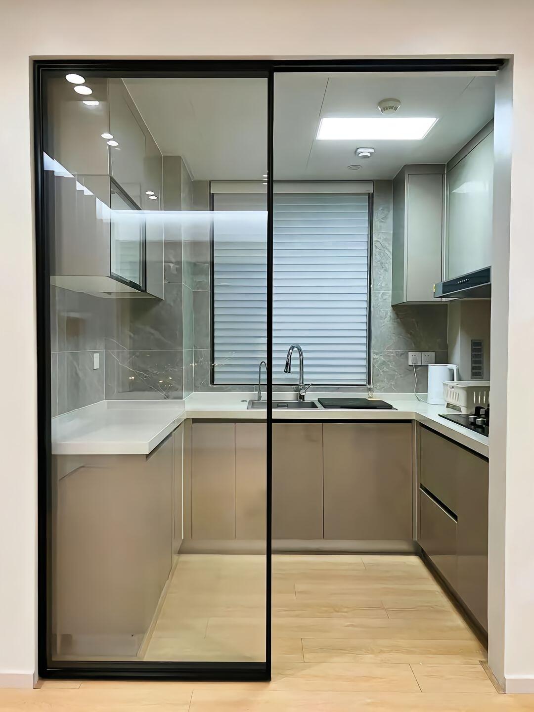 Modern Minimalist Overhead Glass Sliding Door Interior Trackless Partition For Bedroom Kitchen Bathroom Hotel Villa Water