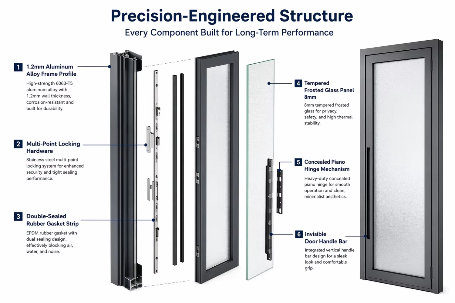 GELLJA New Type of Aluminum-framed Frosted Glass Interior Finished Bathroom Doors for Hotels Villas Offices and Households