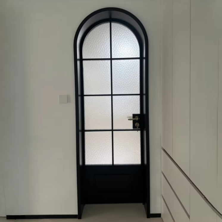 Custom Modern Black Arched Frame Corrugated Frosted Glass Door Fiberglass Waterproof White Aluminum Frame for Bathroom Bedroom