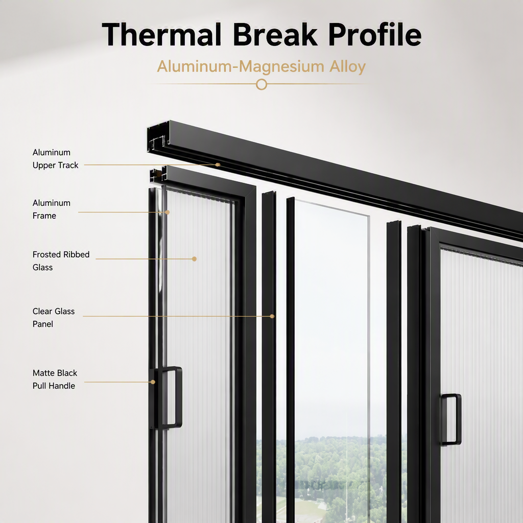 Aluminum Magnesium Alloy Thermal Break Sliding Door Double Glazing Frosted Glass Balcony Patio Interior Door