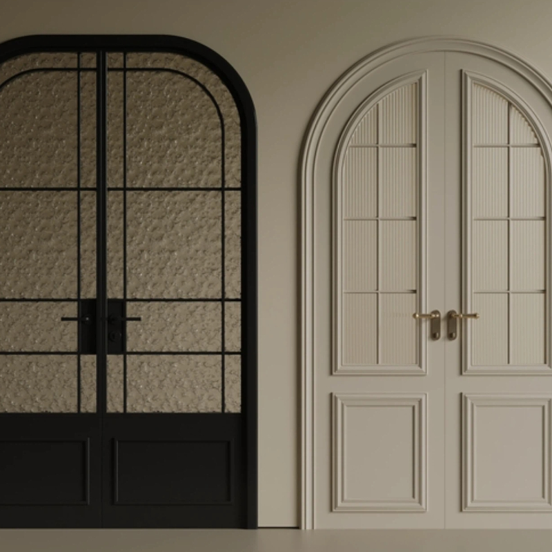 ALUFRONT Insulated Arched Antique Heritage Black Aluminium French Front Doors with Grid Strip Glass for Outdoor Entry