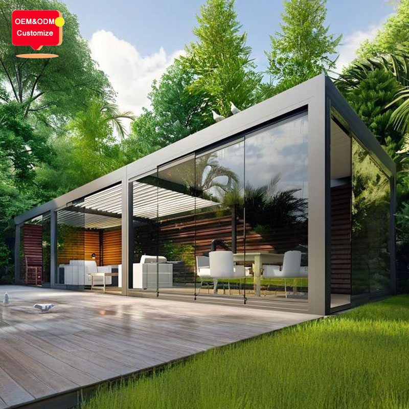 Customized Modern Motorized Roof System Bioclimatic Louvered Aluminum Pergola With Glass Windows For Outdoor Garden Patios
