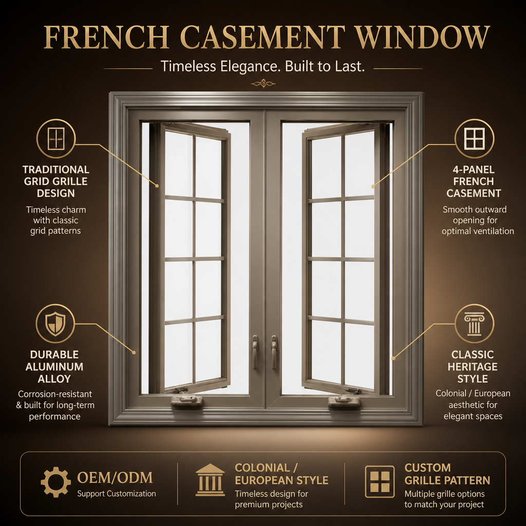 Custom Windows Taupe Brown Aluminum French Casement 4 Panel Colonial Grid Grille Classic Heritage Style OEM Available