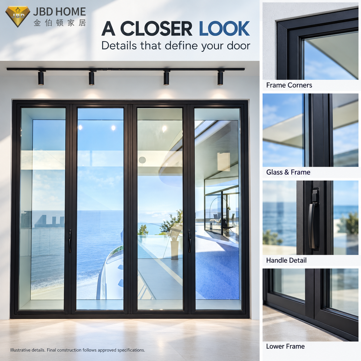 NFRC Certified Aluminum Bifold Door Modern Black Frame Double Glazed Exterior Folding Glass Patio System For Luxury Villas