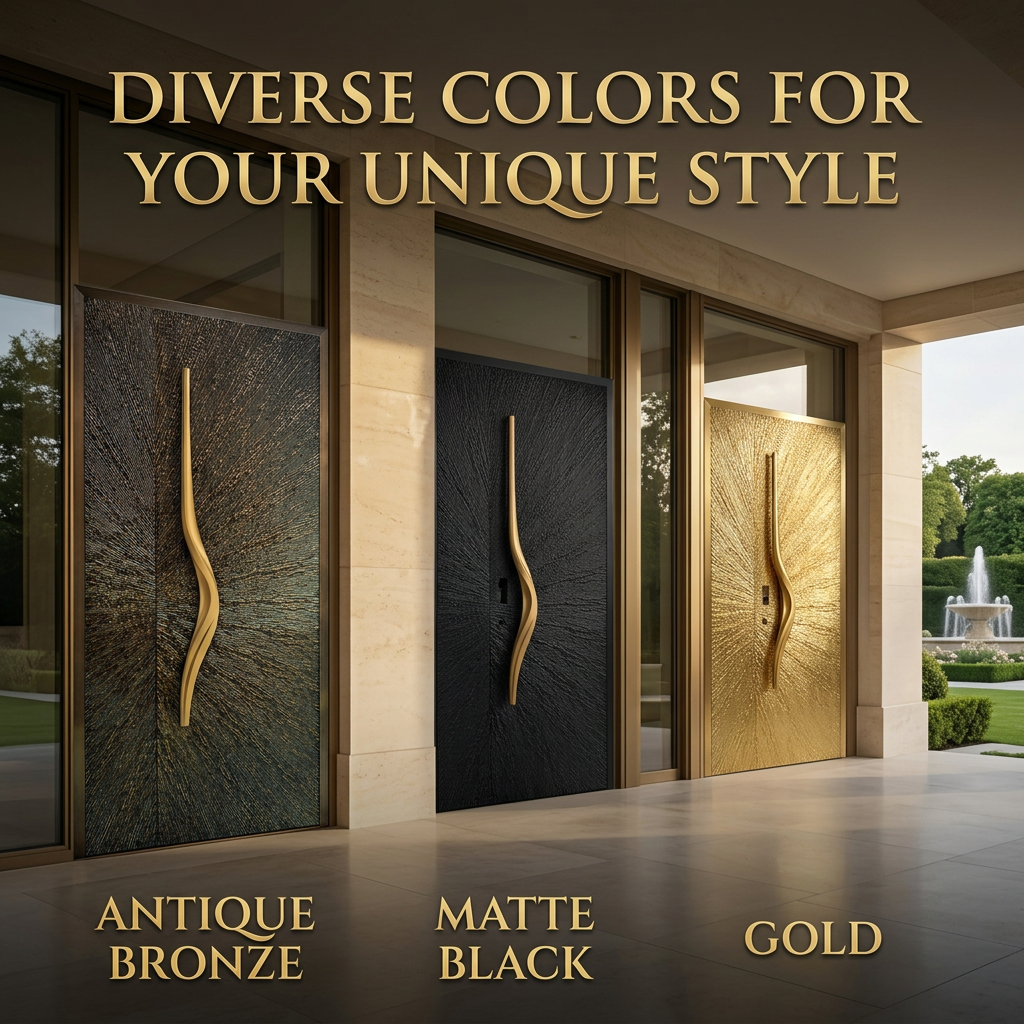 High-End Art Relief Aluminum Anti-Theft Security Door with Wavy Carved Handle, Luxury Villa Front Entry Door
