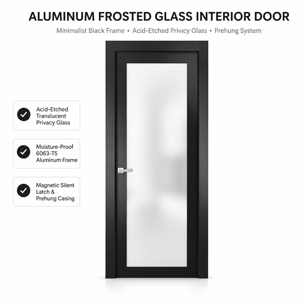 Modern Aluminum Alloy Frosted Glass Interior Waterproof Thermal Insulated Swing Door for Toilet Bathroom