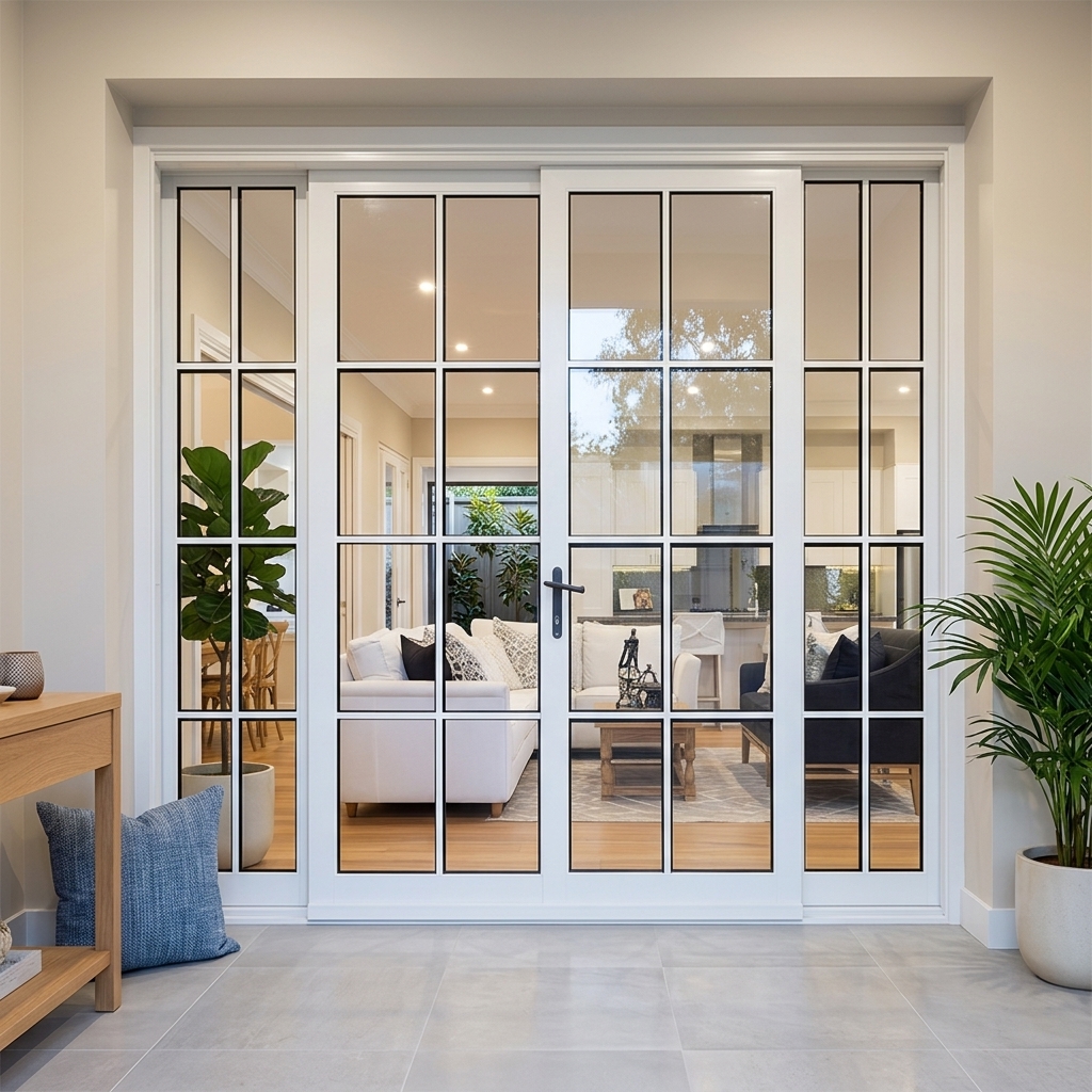 Factory Customized White Aluminum Alloy Glass Door with Grid Strips Contemporary Design for Outdoor Courtyards &amp; Living Rooms
