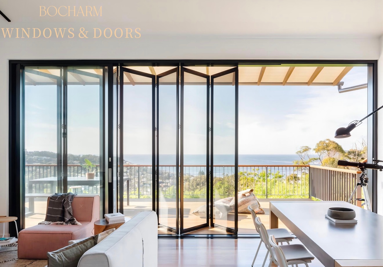 BOCHARM Aluminum Alloy Foldable Concertina Folding Bi-fold Doors Double Tempered Glass Ultra-Slim Profile for Supermarket