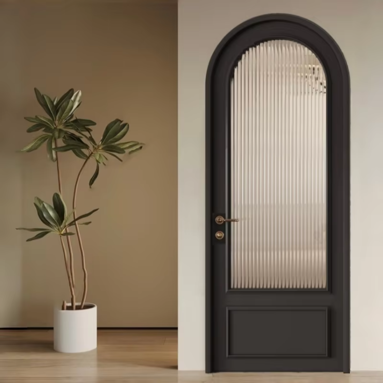 Custom Modern Black Arched Frame Corrugated Frosted Glass Door Fiberglass Waterproof White Aluminum Frame for Bathroom Bedroom