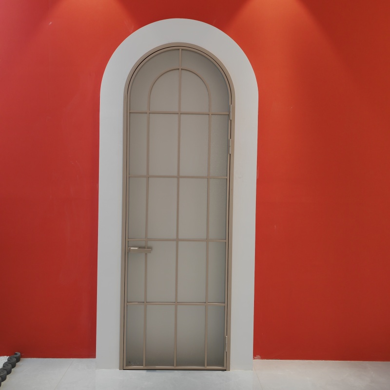 Custom Modern Black Arched Frame Corrugated Frosted Glass Door Fiberglass Waterproof White Aluminum Frame for Bathroom Bedroom