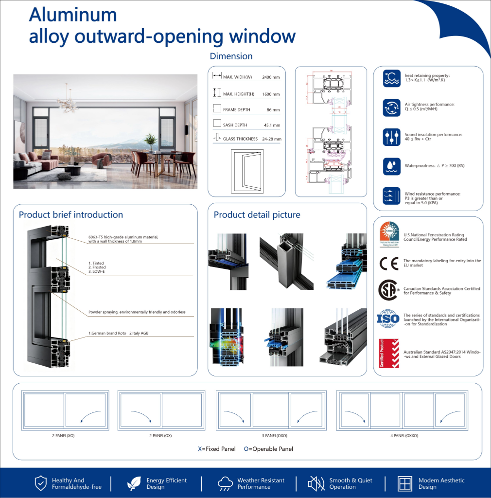 High Quality Security Aluminum Casement Windows Broken Bridge Outdoor Outward Windows Doors Stainless Steel Frame Material
